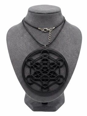 Handmade New 3D Printed Black Metatron Cube Sterling Silver Leather Necklace